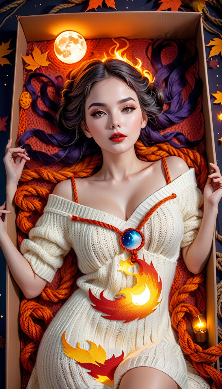 Most beautiful attractive lady knitted, colorful rope wrapped, fashion ,, paper-cut art style , cosplay, nighties, , photorealistic theme , lovely face, perfect body, dark lips, , flaming, WLOP, breathtaking, hot summer time,,, breathtaking, calm night , laying inside magic box , autumn background, high top view, moon