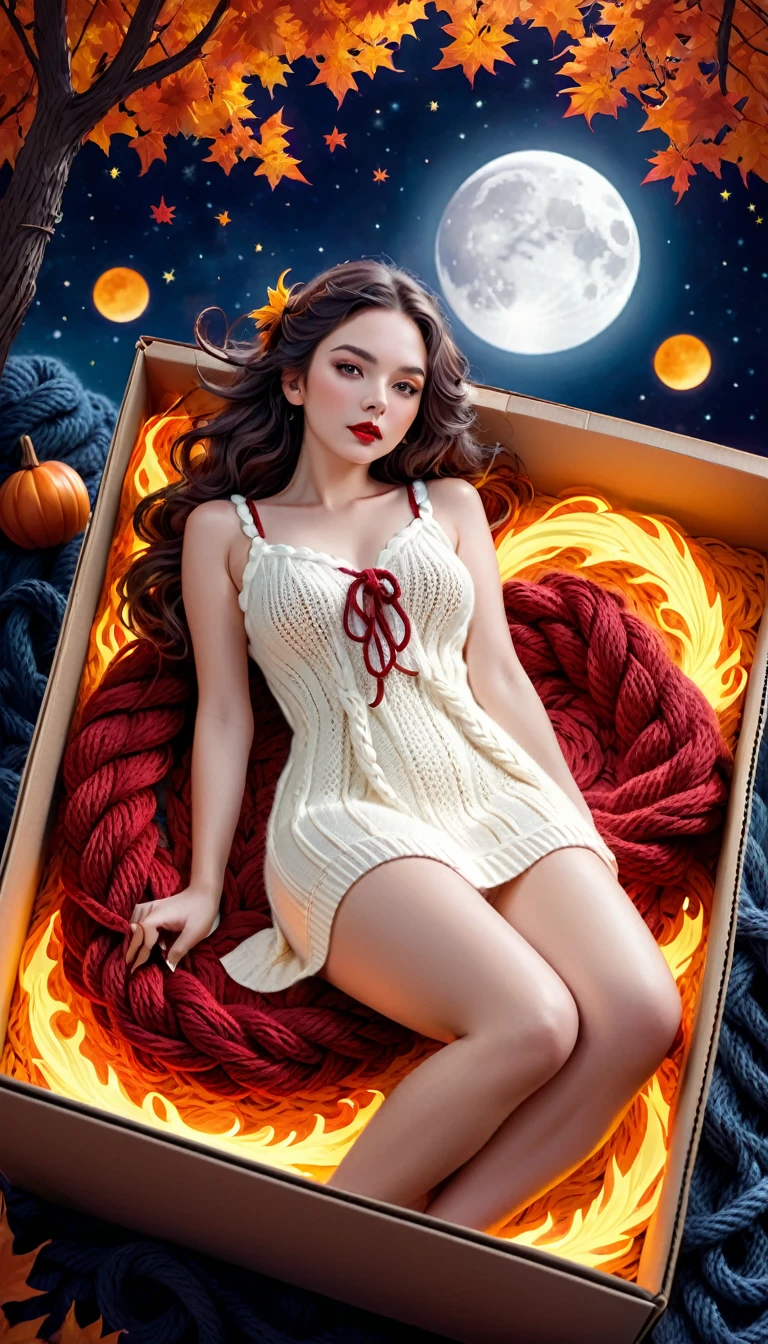Most beautiful attractive lady knitted, colorful rope wrapped, fashion ,, paper-cut art style , cosplay, nighties, , photorealistic theme , lovely face, perfect body, dark lips, , flaming, WLOP, breathtaking, hot summer time,,, breathtaking, calm night , laying inside magic box , autumn background, high top view, moon