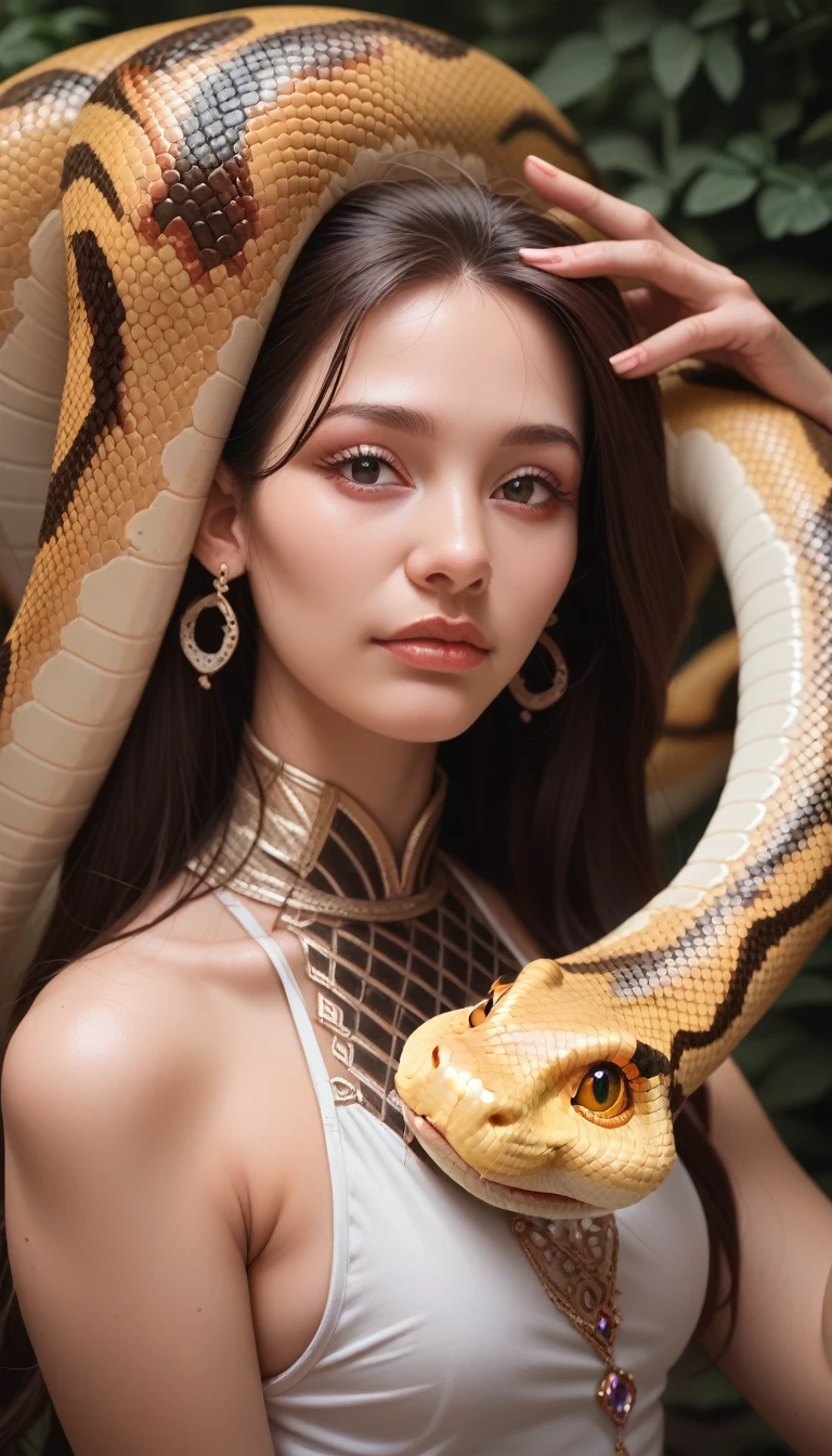 Dark environment，A beautiful woman with golden scales on her body，(mermaid:1.2), (Snake tail:1.3)，8K  UHD，RAW photo，A snake woman，（Python pattern），（snake man），(Crystal clear golden scales)，(Real Human:1.3)，(A high resolution:1.4)，(A detailed:1.5)，(photorealestic:1.7)，RAW photo，Portrait Photogram，Realistic scales，cabellos largos dorados，Skin is delicate and smooth，Full breasts，nakeness，（Lamia），RAW photo，超A high resolution，Foto realism，best qualtiy，(highdetailskin，skin detailed)，Visible Pore，Shiny skin，tmasterpiece，finedetail，Colorization，Extremely Delicately Beautiful，Extremely detailed 8k wallpaper，8K high quality，Digital SLR，Snake man with beautiful details，(looking at viewert)，professional photograph lighting，Faraway view，full bodyesbian，in a panoramic view,full-body shot 