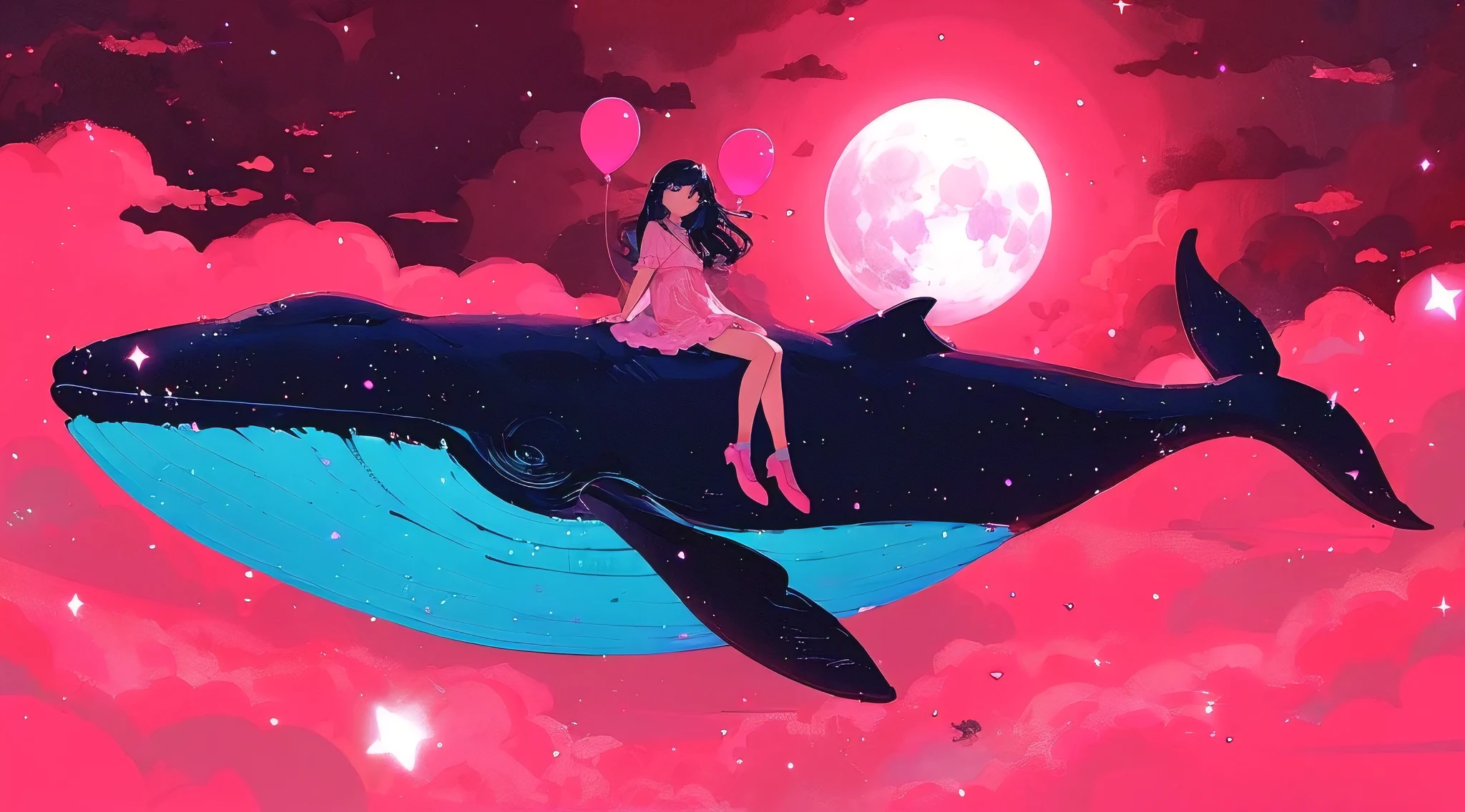 A cute  is sitting on the back of a blue whale flying in pink clouds, holding balloons and stars, surrounded by white moonlight. The illustration is in the style of a vector illustration with a flat design, bright colors, and high saturation on a pink toned background. A round frame artfully highlights details. The overall composition stands out with high contrast between light and dark tones., illustration