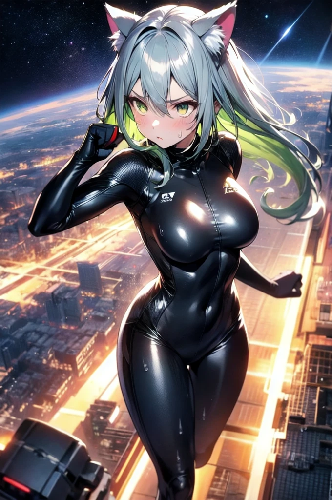 A silver-haired beautiful girl with cat ears eyes are green hair is silver and long clothes: a form-fitting black combat suit The fist is an afterimage The background is a city at night her is in a cat-like fighting pose The year is monitor, Dark Night, Sweat, Steam of Exhalation, Space, Battle, Dynamic Angle one girl