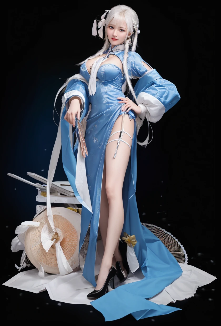 Masterpiece, Superb Product, 1 Woman, Blue Clothes, Blue Cheongsam, Full Body Photo, Antique Chinese, White Cloth Bun Bun, Black Hair, Leaky Shoulders, Large Chest, Long Legs, Smile, White Suspender Tights, Tights Lace, White Panties, Pale Pink Lips, Embroidered Clothes, Open, No Panties, No Panties, High Heels, Leaky Cleavage