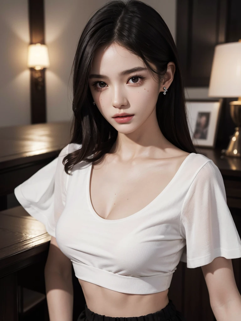 absurdres, RAW photo, extremely delicate and beautiful, masterpiece, Best Quality, ultra high resolution, 32k, hyperrealistic, ultra-detailed, perfect anatomy, super Detailed skin, perfect figure, Super Beauty, Perfect Style, Perfect balance, Beautiful Lighting, Perfect Lightning, Realistic Shadows, 20 years old, very Slim body, narrow waist, very small head, very small face, delicate facial features, handsome detailed woman, very detailed eyes and face, realistic face proportions, Realistic beautiful face, Realistic beautiful eyes, tearful mole, earring, very huge round breasts, legs, medium hair, asymmetrical hair, whole body shot, indoor, t-shirt, crop top, skirt,
