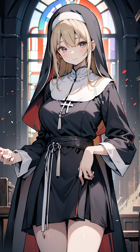 nun,nun服,黑白nun服,Colored hair,nun头巾,Big breasts,Full of figure,Church Background,Stained window glass,Mosaic art background,nun,高开叉nun长袍,Absolute Domain,thigh,thigh,thigh,黑白Knee socks,黑白Knee socks,Knee socks,nun长袍,Cheongsam style hem,Robe hem,Robe hem,Long hem robe,Front of robe,Long front robe,Front of robe,thigh侧面,Long blond hair,blond,cute,gentle,Smile,慈爱的Smile,Wide crotch,Wide crotch,Thin waist,肉感thigh,Robe front hem,Front swing of mopping