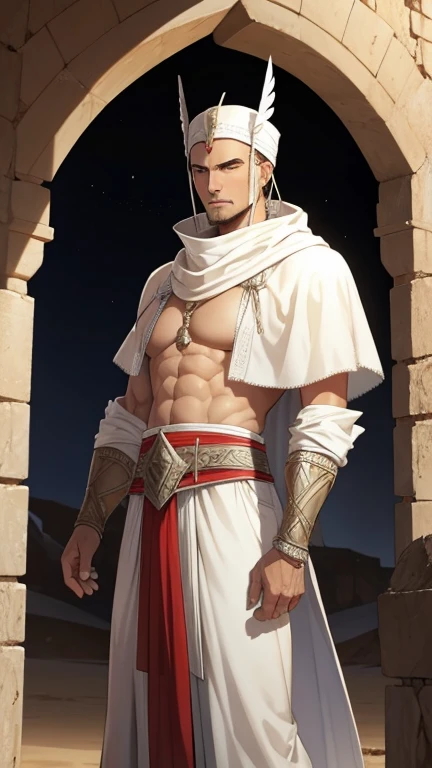 Male arab warrior, medivial, white short balaclava, white bandage, white clothes, thin waist, skinny body, femboy, light skin, makeup, black eyeliner, big eyelashes, black eyeshadow, metal choker, light tanned skin