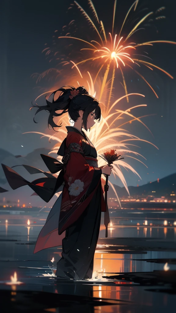 Japanese clothing、woman、Floral、night、Best image quality、black、Landscape painting、firework、美しいfireworkが咲き誇る、Fantasy