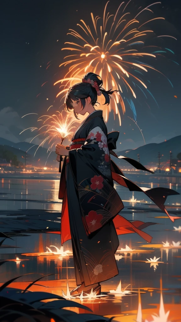 Japanese clothing、woman、Floral、night、Best image quality、black、Landscape painting、firework、美しいfireworkが咲き誇る、Fantasy