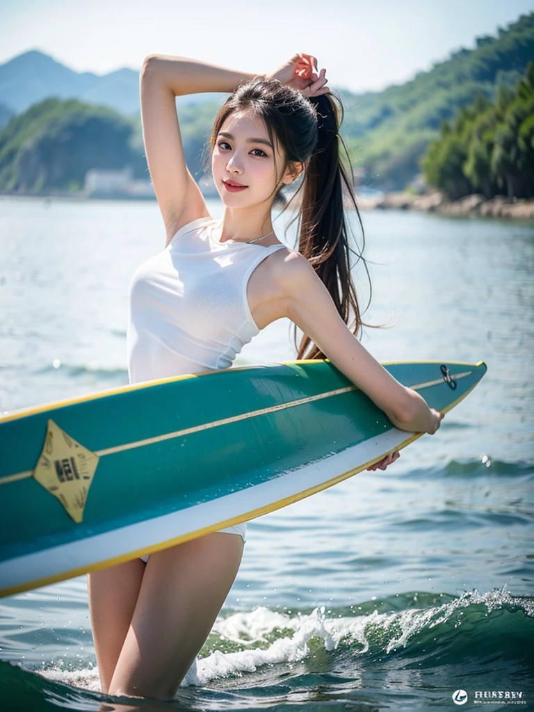 8k,high quality,photo,A Japanese and Korean girl in the beautiful sea in summer,Surfing while standing on a surfboard,graceful posture,Eyes facing the camera,Slim figure,Exquisite white and delicate skin texture,Tied with a refreshing ponytail,Makeup,The focus of the picture is to show that the girl has beautiful double eyelids and big eyes,Smoothly pointed chin,His expression looks very happy and enjoying it