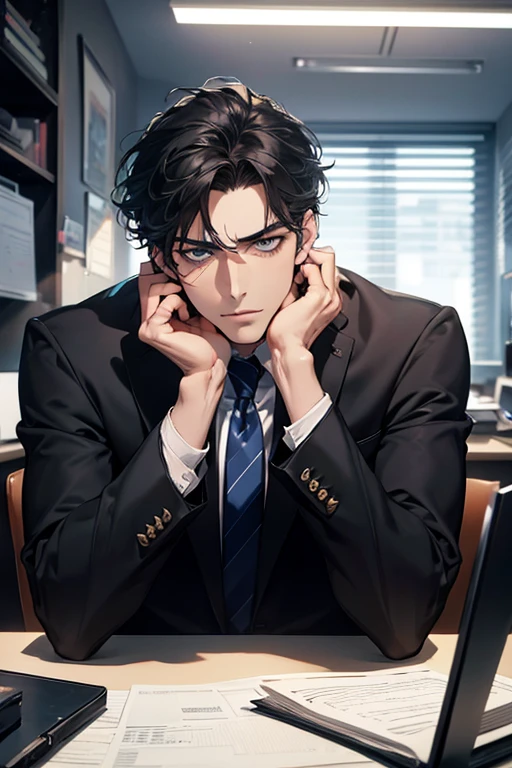 (Best Quality,4k,8k,high resolution,Masterpiece:1.2),ultra detailed,(realist,photorealist,photo-realist:1.37),1 man,31 years,mature man,very handsome,without expresion,muscled body,short gray black hair,Blue eyes,glare,perfect face without mistakes,imposing posture,businessman,office background,cinematic lighting,imagen HDR