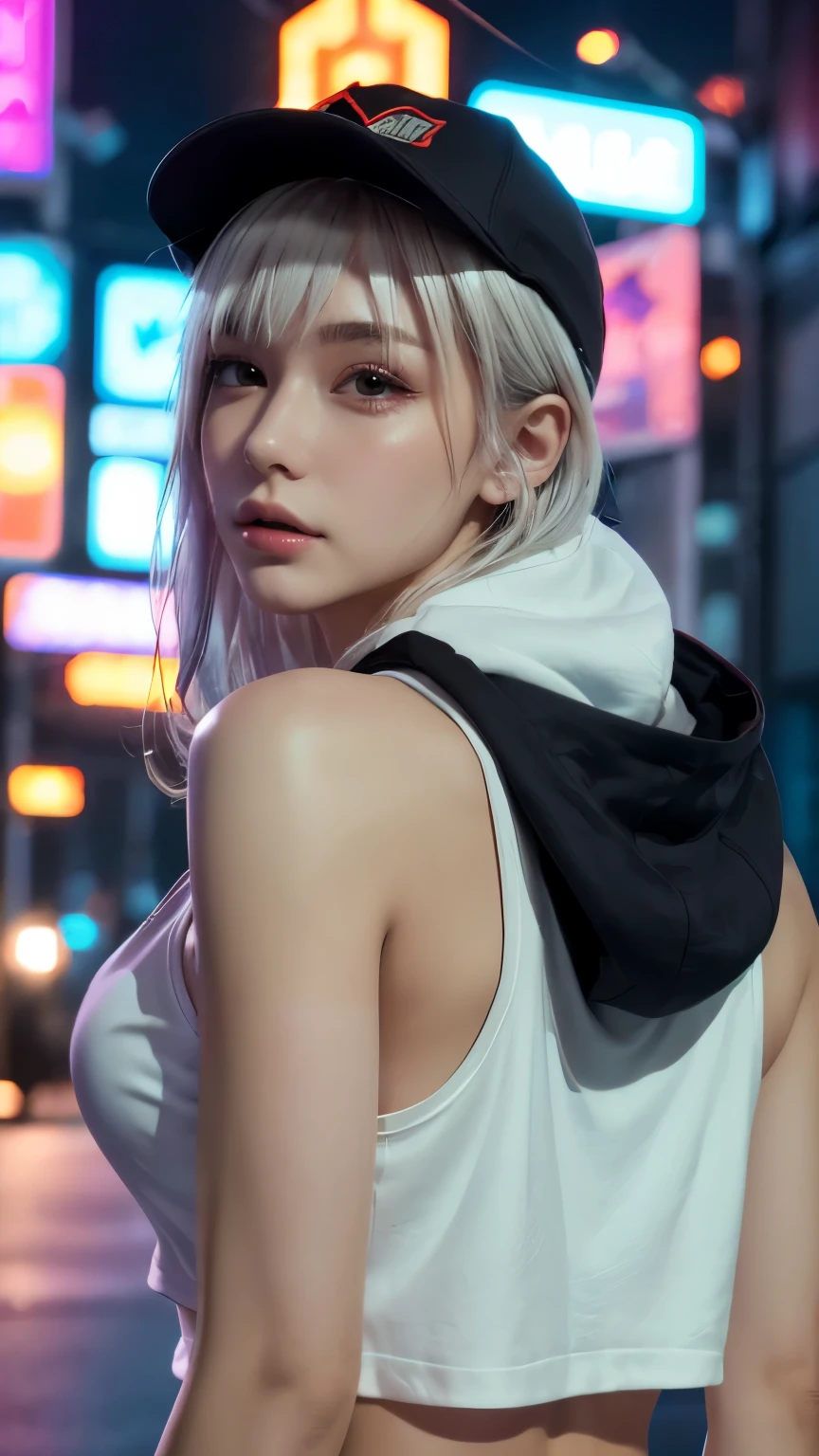 masterpiece, Highest quality, Very detailed, 8k, Realistic, One Girl, alone, Tomboy, Very detailed face, (head shot:1.5), Cyberpunk neon lit futuristic city、Neon lights illuminate the scene, at night, Cyberpunk art, 32K, Ultra HD, Unreal Engine Rendering, Cinema Lighting,Pixie cut white hair, He is wearing a short tank top and an open-zipped hoodie.....,I can see your chest,Nice ass,Wear a New Era cap