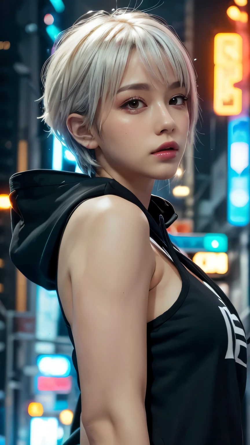 masterpiece, Highest quality, Very detailed, 8k, Realistic, One Girl, alone, Tomboy, Very detailed face, (head shot:1.5), Cyberpunk neon lit futuristic city、Neon lights illuminate the scene, at night, Cyberpunk art, 32K, Ultra HD, Unreal Engine Rendering, Cinema Lighting,Pixie cut white hair, He is wearing a short tank top and an open-zipped hoodie.....,I can see your chest,Nice ass,Wear a New Era cap
