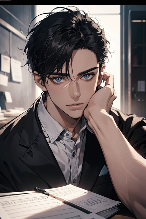 (Best Quality,4k,8k,high resolution,Masterpiece:1.2),ultra detailed,(realist,photorealist,photo-realist:1.37),1 man,31 years,mature man,very handsome,without expresion,muscled body,short gray black hair,Blue eyes,glare,perfect face without mistakes,imposing posture,businessman,office background,cinematic lighting,imagen HDR