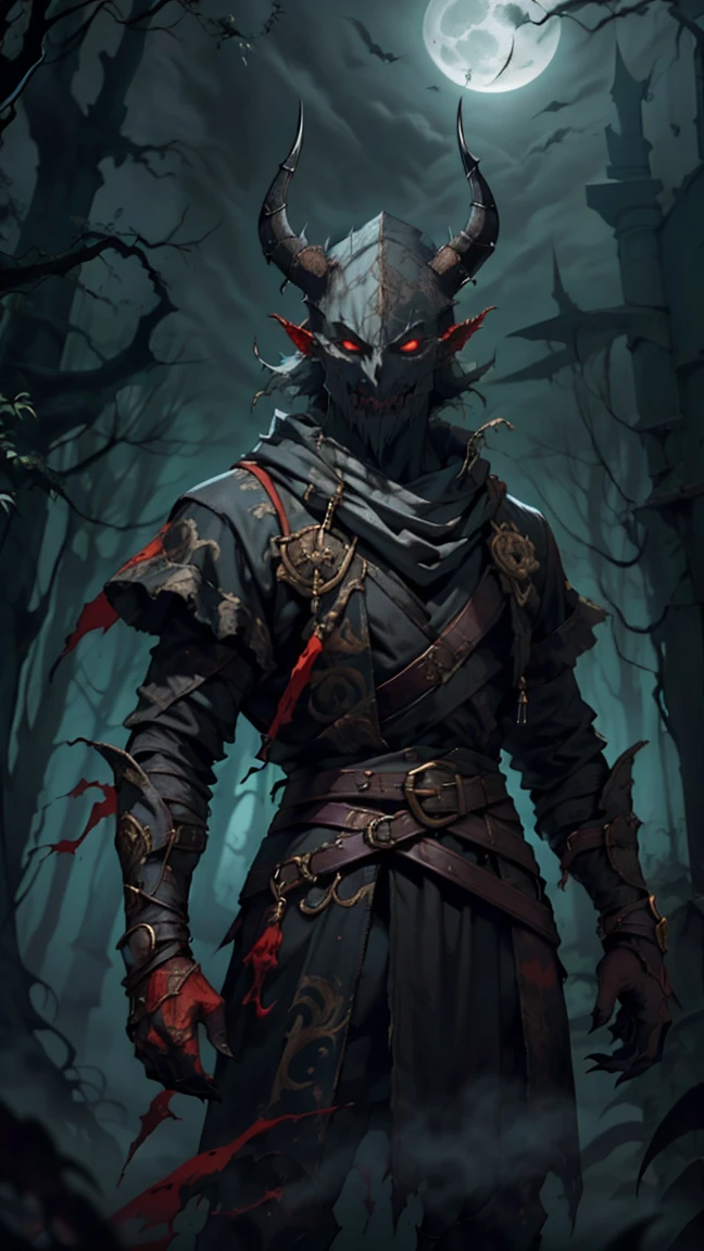 (detailed horn mask:1.2),(tenebrosa,evil) atmosphere,(uncanny,grim,Coraggioso) texture,1 demonic character,sharp fangs,eerie glowing red eyes,long, sharp horns,pale skin,black claws,overgrown tenebrosa forest,grim moonlight,intense fog,environment to