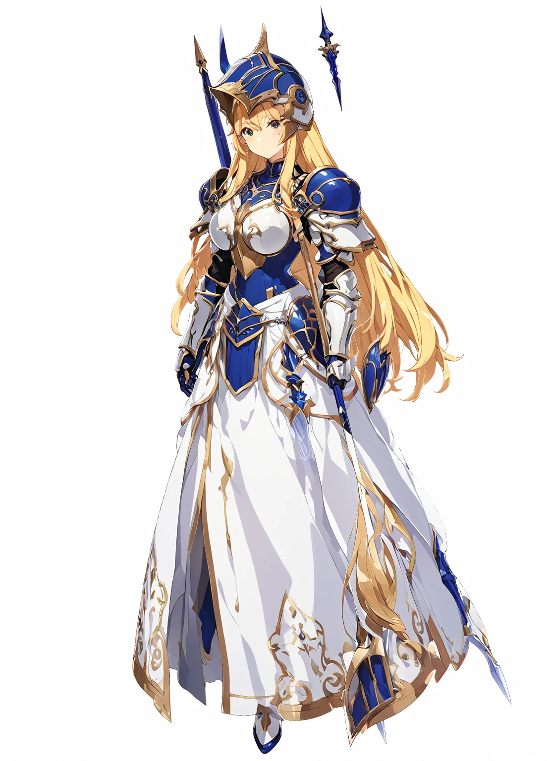 high quality, high resolution, high qualityのゲームアートスタイル, whole body,valkyrie,perfect hand,Official Art, Smooth game CG art, Visual Novel Sprites, White background,Smooth game CG art, (((Woman with a long spear))),Woman wearing a white dress and blue armor, An intricately designed helmet with white feathers,Small shield, (((In his right hand he holds an elaborate long spear))),Exquisite Blue Armor,Golden Hair, long hair, female knight, Rin々Shii,Large Bust,20-year-old,