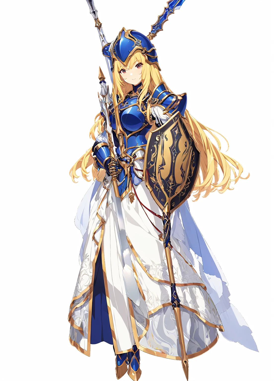 high quality, high resolution, high qualityのゲームアートスタイル, whole body,valkyrie,perfect hand,Official Art, Smooth game CG art, Visual Novel Sprites, White background,Smooth game CG art, (((Woman with a long spear))),Woman wearing a white dress and blue armor, An intricately designed helmet with white feathers,Small shield, (((In his right hand he holds an elaborate long spear))),Exquisite Blue Armor,Golden Hair, long hair, female knight, Rin々Shii,Large Bust,20-year-old,