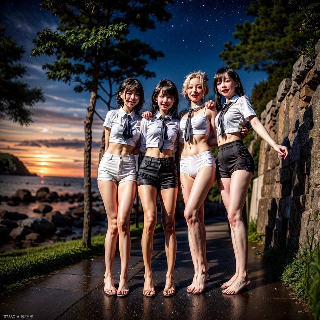 Masterpiece of ProfessionalPhoto ((ExtremelyDetailed (12 PICHIPICHI KAWAII Girls Floating in The Air in a row:1.37) in WHITE at Dusk Enoshima Beach)), {(Standing Full Body:1.2)|(from below:1.2)|Detailed KAWAII face}, Different types of hair colors, {(skinny(school swimwear))|(SchoolUniform)with Tiny AthleticShorts}, {(Corrected Childish hand)|Hidden hand|Different types of breasts|(Clearly Visible the shape of Butt)}, Joyful Expressions LifeLike Rendering, Detailed clothing texture, PerfectLighting, (Dazzling Horizon Visible through ThighGap), (Starry IridescentParticles:1.22) ColorfulClouds