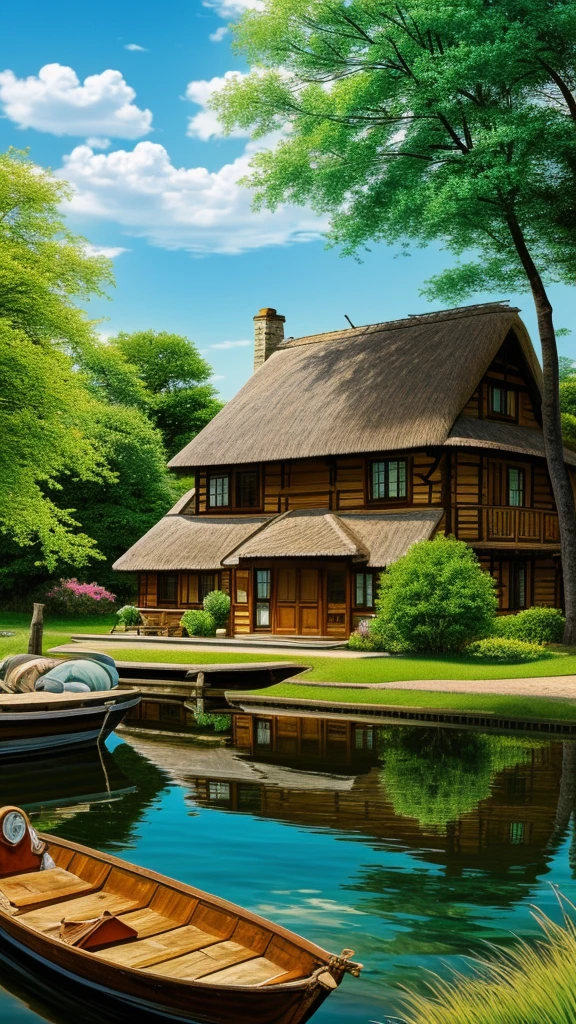 a painting of a house with a thatched roof and a boat in the water, idyllic cottage, anime countryside landscape, very beautiful scenery, detailed painting 4 k, scenery wallpaper, peaceful landscape, cottagecore!!, detailed scenery —width 672, scenery art detailed, beautiful anime scenery, cottage town, scenery artwork, anime scenery