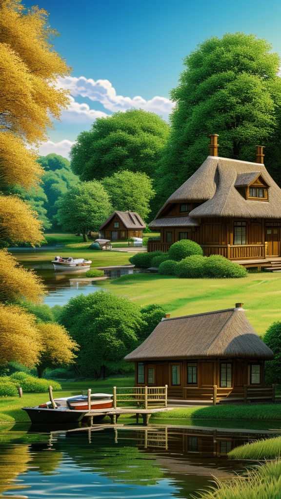 a painting of a house with a thatched roof and a boat in the water, idyllic cottage, anime countryside landscape, very beautiful scenery, detailed painting 4 k, scenery wallpaper, peaceful landscape, cottagecore!!, detailed scenery —width 672, scenery art detailed, beautiful anime scenery, cottage town, scenery artwork, anime scenery
