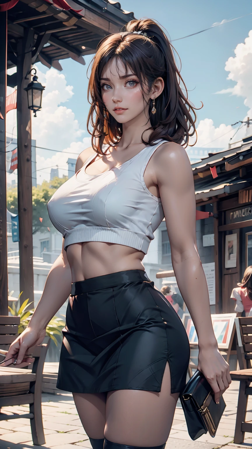 Mature Woman, Huge breasts, lips, Mischievous face, Medieval city, cloud, maternal, thick、24-year-old female、Sexy proportions、Sexy、Textured skin((textured skin))、Side-swept chignon((good site))、
Narrow waist、Cropped tops((crop top))Tops、Hipbone Skirt((hipbone skirt))、Stiletto heels、Clutch bags、Put one hand on your hip