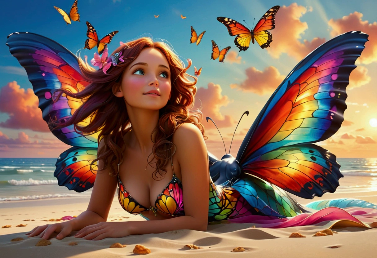 A whale with 3 sets of enormous colorful butterfly wings, flying through dreamy skies, a cute woman lying on the beach watching its majestic flight, best quality, 4k, 8k, highres, masterpiece:1.2, ultra-detailed, realistic, photorealistic, photo-realistic:1.37, HDR, UHD, studio lighting, ultra-fine painting, sharp focus, physically-based rendering, extreme detail description, professional, vivid colors, bokeh, fantasy, surreal, dreamlike, enchanting, magical, whimsical, vibrant colors