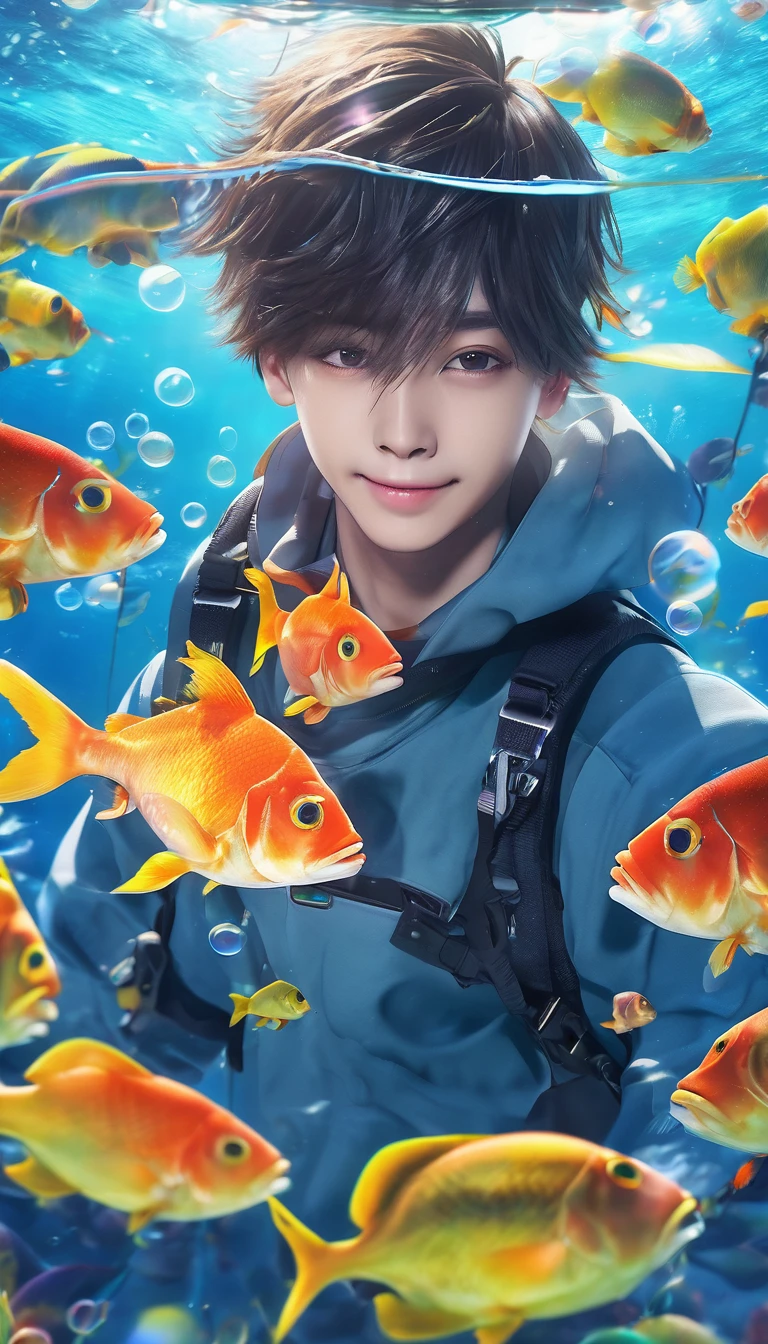 ((cpchann)), ((best quality)), ((work of art)), (super detail: 1.2), (High definition: 1.3), (Professional photography: 1.2), (cinematic lighting), ( looking at another), ahoge, (smug), (ultra detailed), (selfie pose), 1boy, full body, ((in the sea)), (surrounded by beautiful fish), colorful bubble, marine nature, perfect environment, brightness, (sharp focus), (perfect light),