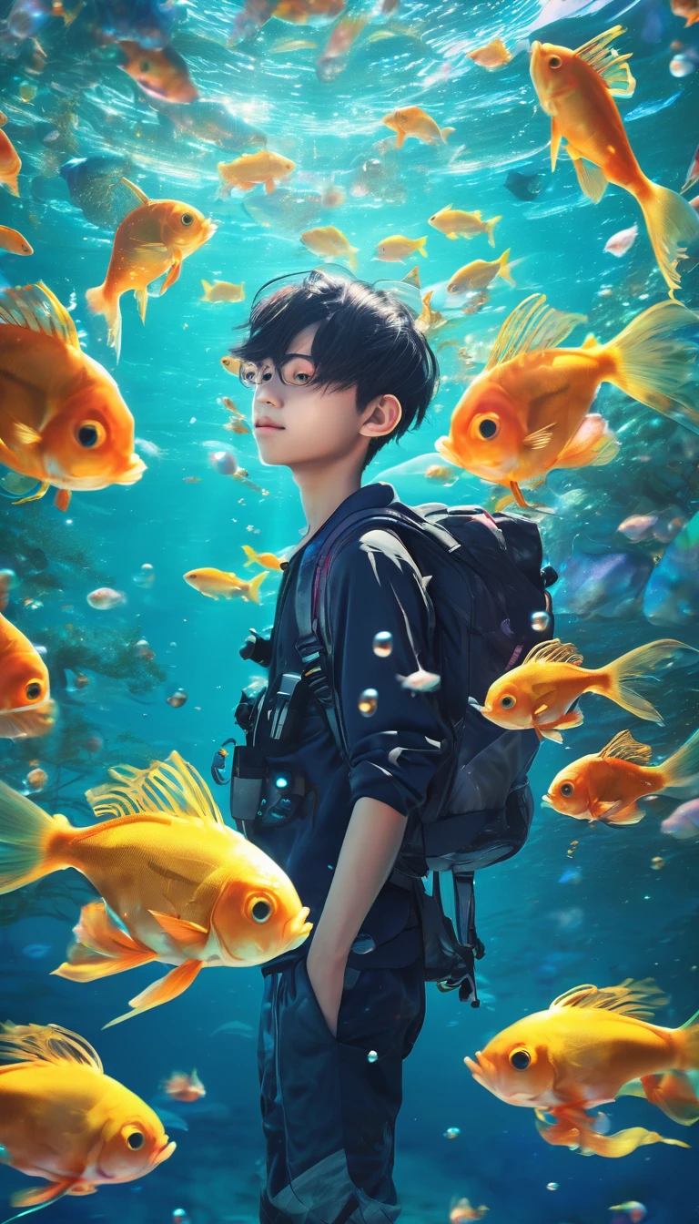 ((cpchann)), ((best quality)), ((work of art)), (super detail: 1.2), (High definition: 1.3), (Professional photography: 1.2), (cinematic lighting), ( looking at another), ahoge, (smug), (ultra detailed), (selfie pose), 1boy, full body, ((in the sea)), (surrounded by beautiful fish), colorful bubble, marine nature, perfect environment, brightness, (sharp focus), (perfect light),