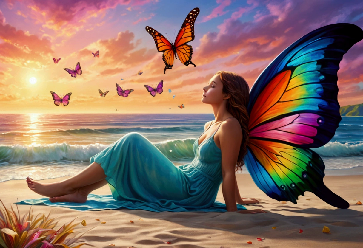 A whale with 3 sets of enormous colorful butterfly wings, flying through dreamy skies, a cute woman lying on the beach watching its majestic flight, best quality, 4k, 8k, highres, masterpiece:1.2, ultra-detailed, realistic, photorealistic, photo-realistic:1.37, HDR, UHD, studio lighting, ultra-fine painting, sharp focus, physically-based rendering, extreme detail description, professional, vivid colors, bokeh, fantasy, surreal, dreamlike, enchanting, magical, whimsical, vibrant colors
