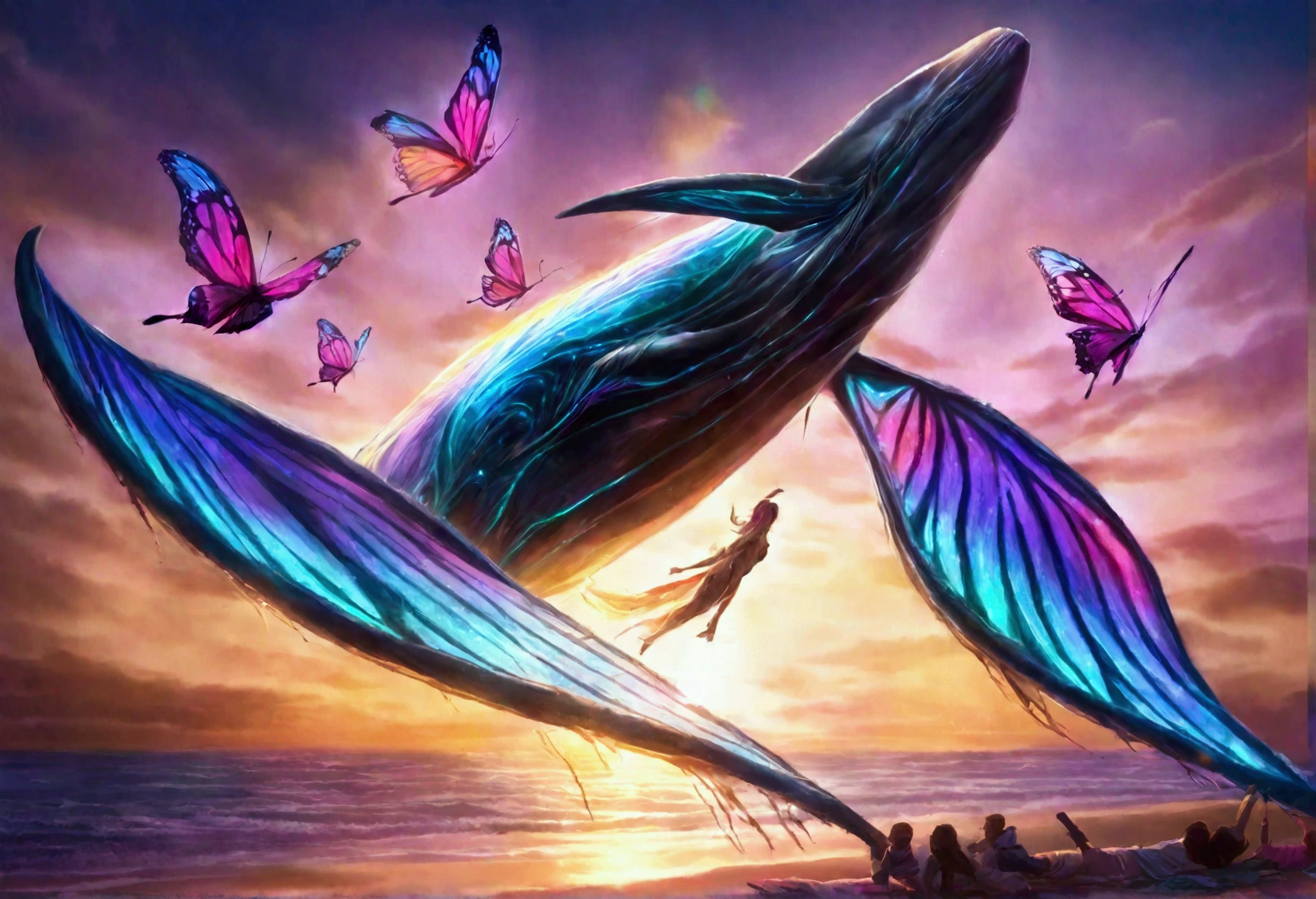 A whale with 3 sets of enormous colorful butterfly wings, flying through dreamy skies, a cute woman lying on the beach watching its majestic flight, best quality, 4k, 8k, highres, masterpiece:1.2, ultra-detailed, realistic, photorealistic, photo-realistic:1.37, HDR, UHD, studio lighting, ultra-fine painting, sharp focus, physically-based rendering, extreme detail description, professional, vivid colors, bokeh, fantasy, surreal, dreamlike, enchanting, magical, whimsical, vibrant colors