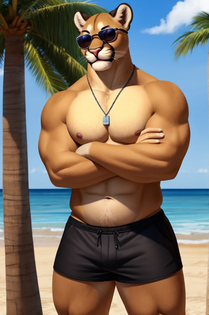 Cougar, male, solo, beach, shirtless , black shorts, sick shades, big body, hot male, arms crossed, 4k, 8k, dog tag