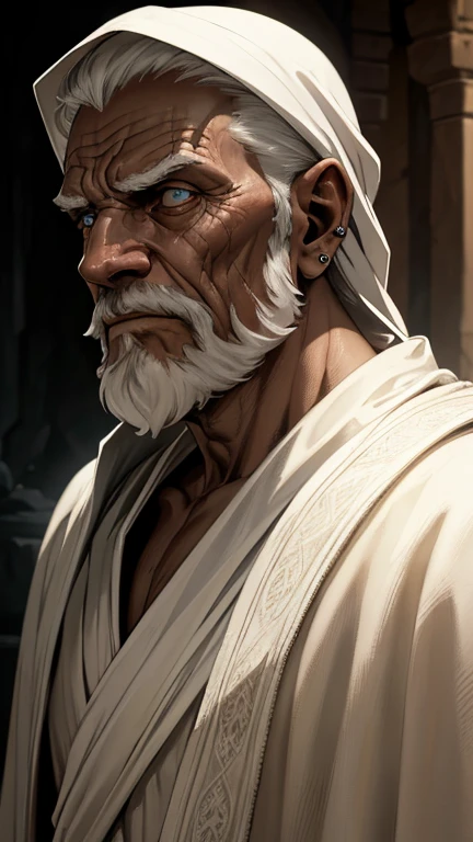 a desert carthage, legendary old man in white tunic, evil, detailed portrait, intricate wrinkles, piercing eyes, weathered skin, flowing white robe, dramatic lighting, cinematic composition, muted color palette, chiaroscuro lighting, dramatic shadows, gritty realism, photo-realistic, 8k, hyper detailed, masterpiece