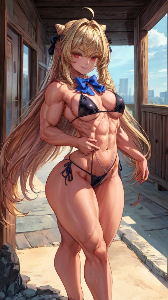 1 girl {ta}, {{{Terakomori Gandesblood, long hair, blonde hair, cone hair bun, hair ornament, hair intakes, Ahoge, bangs, red eyes, beautiful smile, lidnl amazing beauty face, blue bowtie, short red bikini, (very small breasts)}}}, hermosa chica Loli(slim body but with abs), {{{standing or standing full body image}}}, {{{Wear black high heels}}}, poses her beautiful black heels standing {{{is stopped}}}, {{{muscular abs}}}, {{muscular belly}}}, is in an office, (old military type office), (((best quality))), (((8k quality))), (((ultra best definition))), ((better face definition))), (((perfect face))), {{{perfect face:1.1}}}, {Focus and high resolution in the eyes}, (sharp focus: 1.1), Trend On Artstation, intricate, High detail, sharp focus, (((arms, hands, legs, feet, perfect face))), (((perfect body))), (((correct features))),(((best anatomy))), (((noise removal))), (((perfect and clear face))), (((masterpiece))).