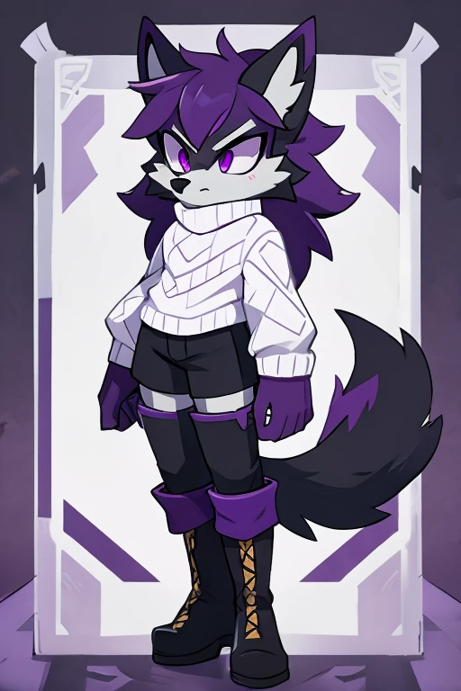 Black wolf with purple fur, purple eyes, Boots, white sweater and black tail, serious