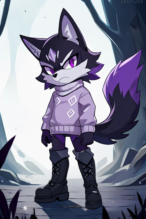 Black wolf with purple fur, purple eyes, Boots, white sweater and black tail, serious 