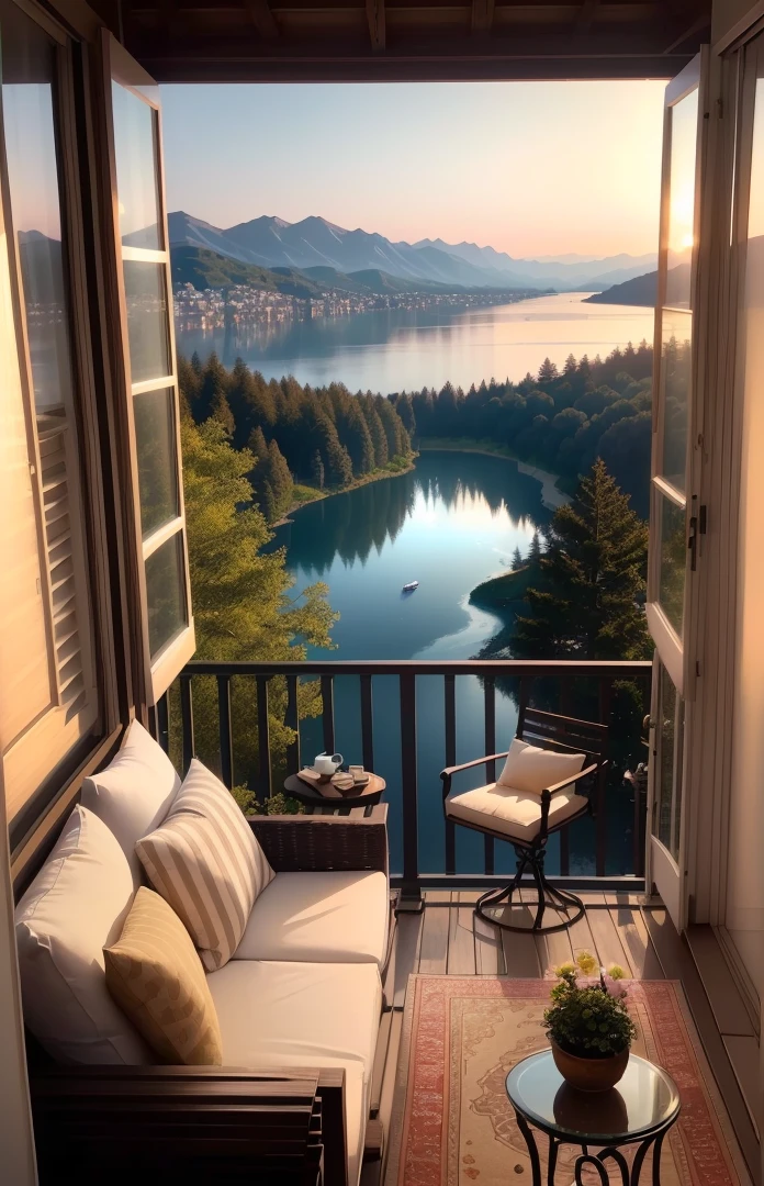Located on a balcony overlooking the lake、Arafet sofa with pillows and books, Cozy place, Cozy atmosphere, Cozy and quiet atmosphere, relax time. Nice view, Cozy environment, Cozy atmosphere, Pleasant atmosphere, Cozy and calm, Cozy atmosphere, beautiful place, Cozy atmosphere, Pleasant aesthetics, インスタグラムの写真 Nice views, Relaxed atmosphere, Nice views, Pleasant lighting