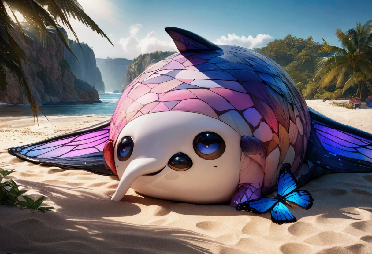 A whale with 3 sets of enormous colorful butterfly wings, flying through dreamy skies, a cute woman lying on the beach watching its majestic flight, best quality, 4k, 8k, highres, masterpiece:1.2, ultra-detailed, realistic, photorealistic, photo-realistic:1.37, HDR, UHD, studio lighting, ultra-fine painting, sharp focus, physically-based rendering, extreme detail description, professional, vivid colors, bokeh, fantasy, surreal, dreamlike, enchanting, magical, whimsical, vibrant colors
