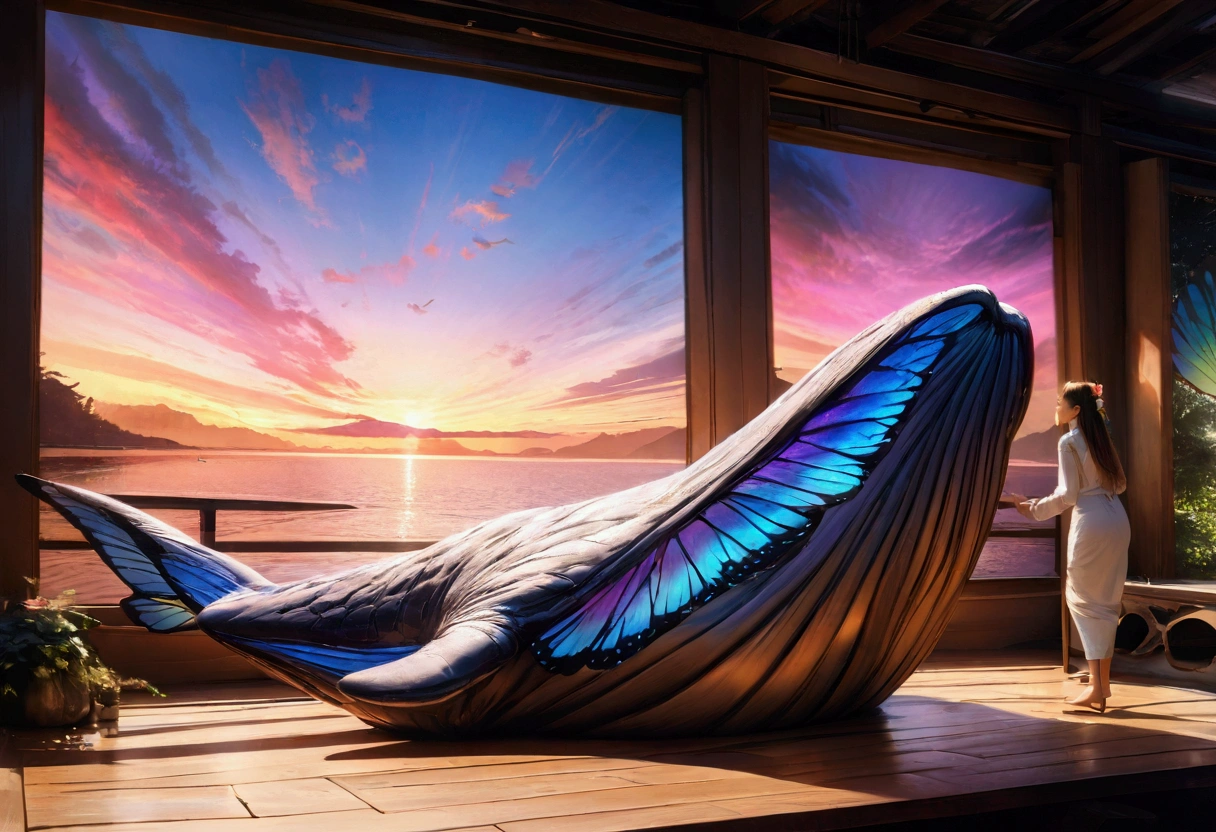 A whale with 3 sets of enormous colorful butterfly wings, flying through dreamy skies, a cute woman lying on the beach watching its majestic flight, best quality, 4k, 8k, highres, masterpiece:1.2, ultra-detailed, realistic, photorealistic, photo-realistic:1.37, HDR, UHD, studio lighting, ultra-fine painting, sharp focus, physically-based rendering, extreme detail description, professional, vivid colors, bokeh, fantasy, surreal, dreamlike, enchanting, magical, whimsical, vibrant colors
