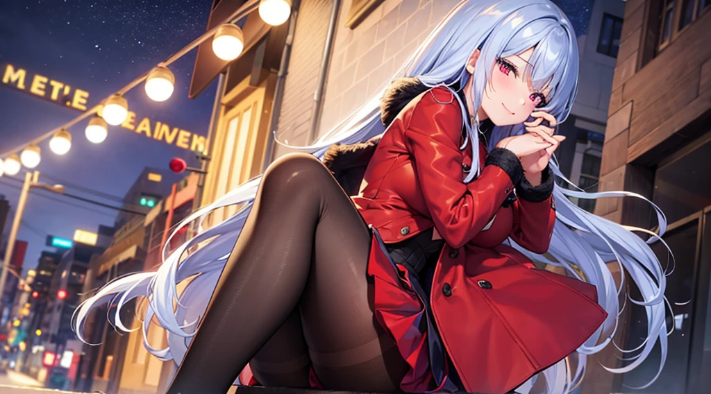 Highest quality, masterpiece, figure, wallpaper,One girl, Light Hair, Beautiful detailed girl, Highly detailed eyes and face, Beautiful attention to detail, Shine,Browsing Caution, View your viewers, night, Black Pantyhose, Straight hair, Red Eyes, Semi-long hair,beautiful light blue hair, thick_Thighs, Large Breasts, Red eyes,beautiful finger, clear background, deep night, smile、Big earrings、bracelet、Gal、snow、smug face, Clothing Red coat、street、winter、outside、Are standing, Black Skirt