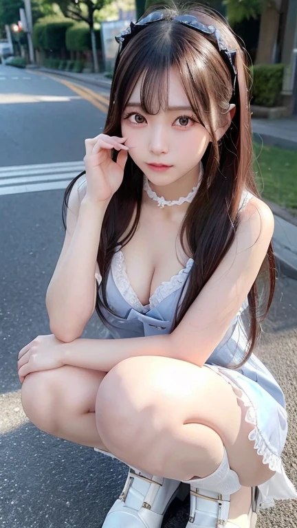 ((The photo shows her from the knees up.))、blush,Long white hair、Cowboy Style、Raise your arms,(Black and white gothic lolita fashion),choker,loafers、Chest、Belly button、Hips、Street,(8k, RAW Photos, Highest quality, The pieces fly:1.2), (reality, Realistic:1.4), (非常に詳細な8k壁紙),  Sharp focus, Depth of written border, Cinema Lighting, Soft Light, Detailed beauty eyes,Asymmetrical bangs, Glowing Skin, Highly detailed skin ,High resolution, Attention to detail, Detailed hairstyle, Detailed beauty face, Hyper Real, Perfect limbs, Perfect Anatomy ,1 Japanese girl,Famous Japanese Idols, Perfect female body,A shy smile,Long eyelashes,double eyelid,Look straight here、Street,Stand up straight and face me,,look straight at me,,Small breasts