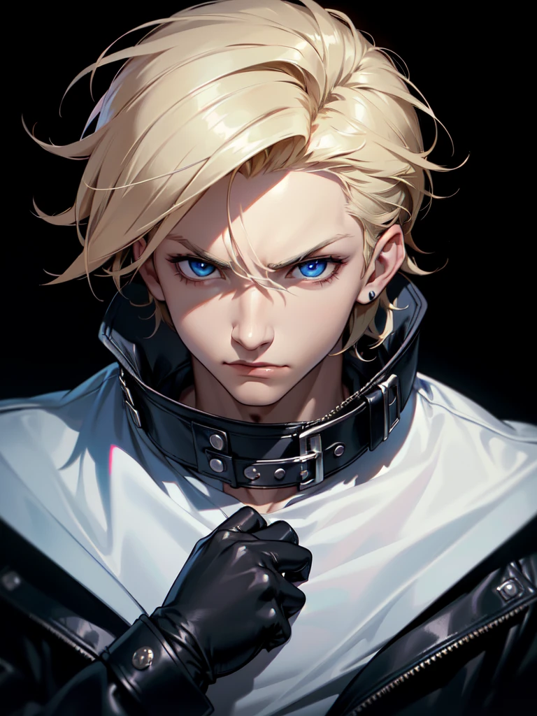 (((Portrait Photo))), He has a Charismatic and Daring Appearance of a Young Boy, with a Lean and Muscular Build that Conveys Strength. His Short, Tousled Light Blonde Hair Adds a Touch of Wildness to His Look, Framing His Face with a Bold and Striking Flair. His Sharp Blue Eyes are Full of Confidence and Determination, Reflecting His Courageous and Fearless Nature. He is Dressed in a Black Leather Jacket Adorned with Silver Studs, Paired with a Simple White T-Shirt, Creating a Style that is Both Rebellious and Stylish. His Expression is Confident and Slightly Defiant, with a Hint of a Smirk, Conveying a Sense of Independence and Bold Charm. (((High Quality, Dark Background))), (((Portrait Photo)))