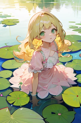 A cute anime girl, medium-length blonde hair, wavy hair, side bangs, light green eyes, pastel waterlily-inspired outfit design, coquette, lily pads, pink waterlilies, character design, detailed outfit, girly dress, bows, coquette, white dress, white background