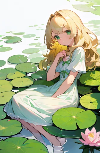 A cute anime girl, medium-length blonde hair, wavy hair, side bangs, light green eyes, pastel waterlily-inspired outfit design, coquette, lily pads, pink waterlilies, character design, detailed outfit, girly dress, bows, coquette, white dress, white background
