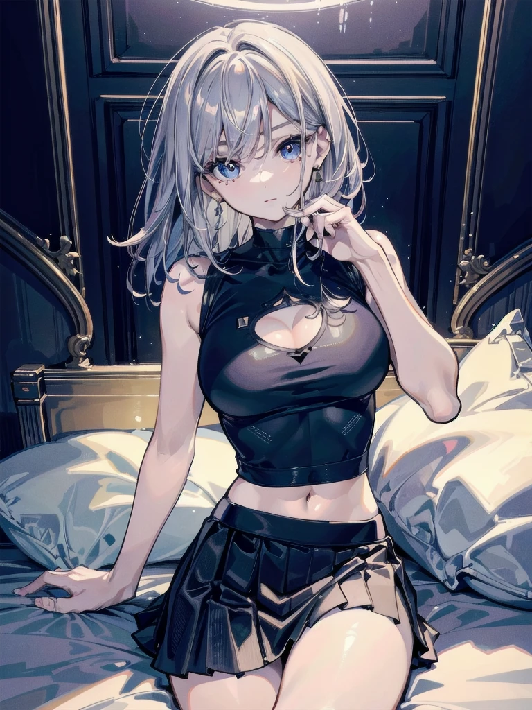 absurdres, RAW photo, extremely delicate and beautiful, masterpiece, Best Quality, ultra high resolution, 32k, hyperrealistic, ultra-detailed, perfect anatomy, anatomically correct, perfect figure, Perfect Style, Perfect balance, in her 20s, very Slim body, narrow waist, very small head, very small face, delicate facial features, detailed face, detailed eyes, tearful mole, earring, very huge round breasts, whole body shot, whole legs, medium hair, asymmetrical hair, indoor, skirt, camisole,