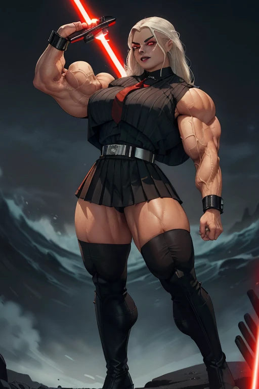 (((Massive tall, beautiful, buff, light brown skinned muscular female Sith Lord with white hair, black lipstick, ginormous bulky muscles, carrying a red lightsaber and wearing a black pleated shirt with beautiful long pleated skirt))), ((close view)), (hyper muscles), ((massive muscles)), long straight hair, (((glowing red eyes))), glowing red eyes, choker, ((black pleated shirt and tie)), neck tie, ((beautiful long pleated skirt)), belt, thigh high socks, black boots, (in front of a dark city tidal wave), closed smile, night, (massive arms)