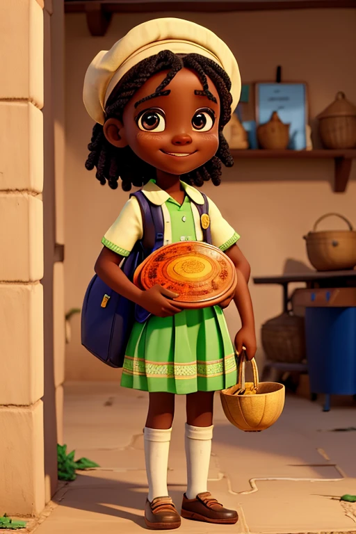  Nigerian girl, approximately 7 years old, smiling and happy, holding a typical Nigerian dish in his hands 