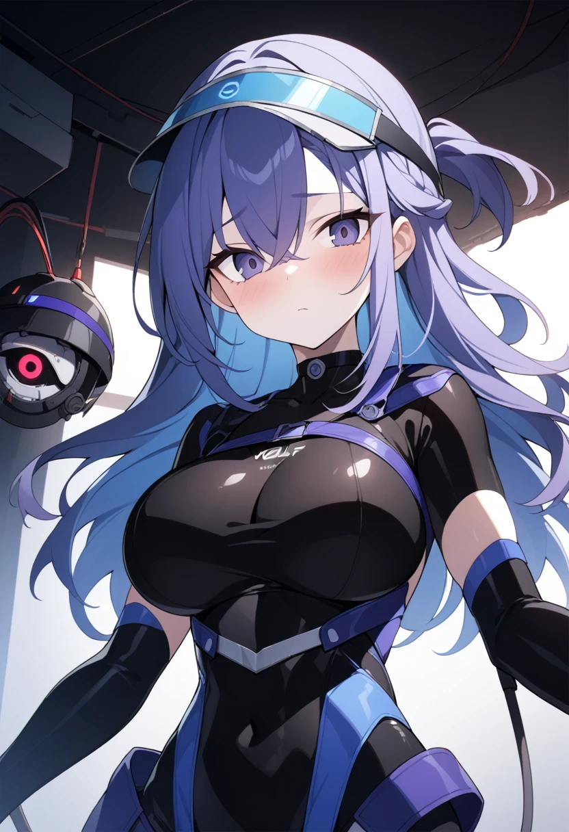 1 girl,Browsing Caution,Helmet, brainwashing, visor, wire, silver wolf\(Collapse Star Rail\), clavicle, Eyes glowing purple,Absurd, brainwashinging,Hollow Eyes, Big Breasts, Expressionless,(Black latex tight bodysuit),avert your eyes , 全身shape,(Highest quality、4K、8k、High resolution、Must have:1.2)、Very detailed、(reality、reality的なです、reality的な:1.37)、Ticker、Hyper HD、Studio Lighting、Ultra High Definition Paint、Sharp focus、Physically Based Rendering、Extreme Detail、Professional specifications、Vibrancy and color、Blurred、Sports portrait、landscape、Horror Style、anime Big Breasts、sf、photograph、Concept Artist、Five Fingers, Perfect body, {{{masterpiece}}}, {{{Highest quality}}}, {{Very detailed}}, {shape}, {{Very delicate and beautiful}},Improved cost performance、All Roles、Canon 5D MK4でphotograph、photograph,