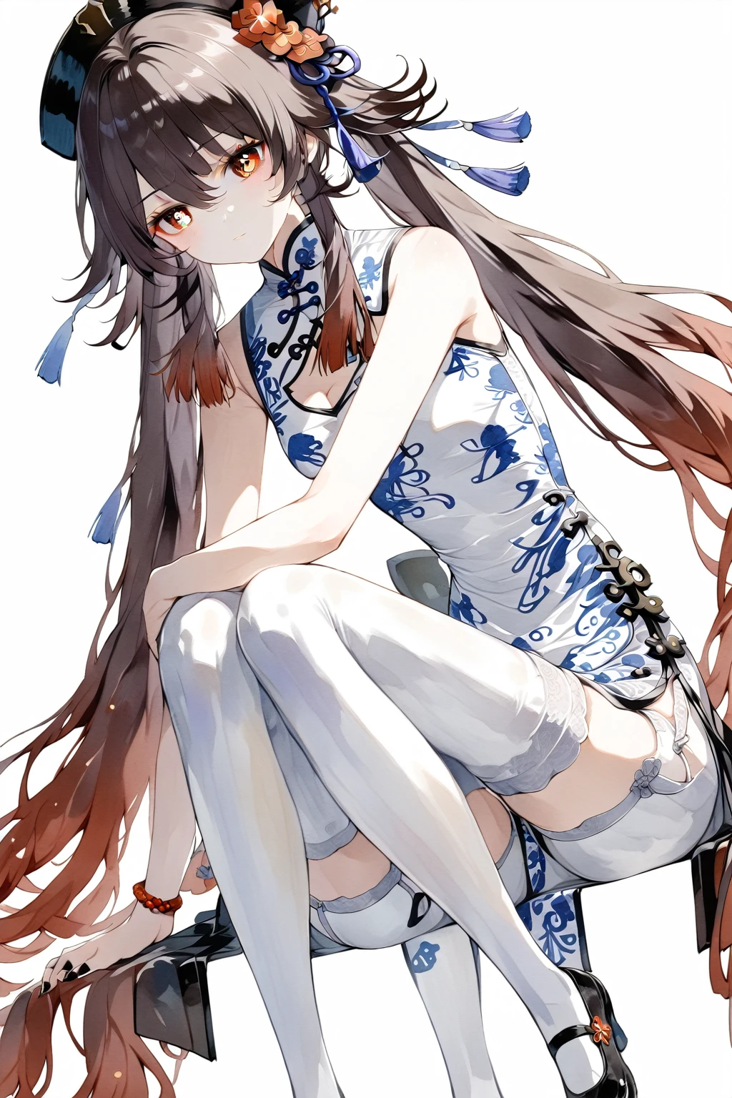 General,watercolor (medium),1girl, hu tao \(genshin impact\), genshin impact,alone, Viewers, Pure white background,,sit,foot,foot底,whole body,full,have no color,angle, masterpiece, best quality,White garter belt,Absolute Domain,cheongsam,
