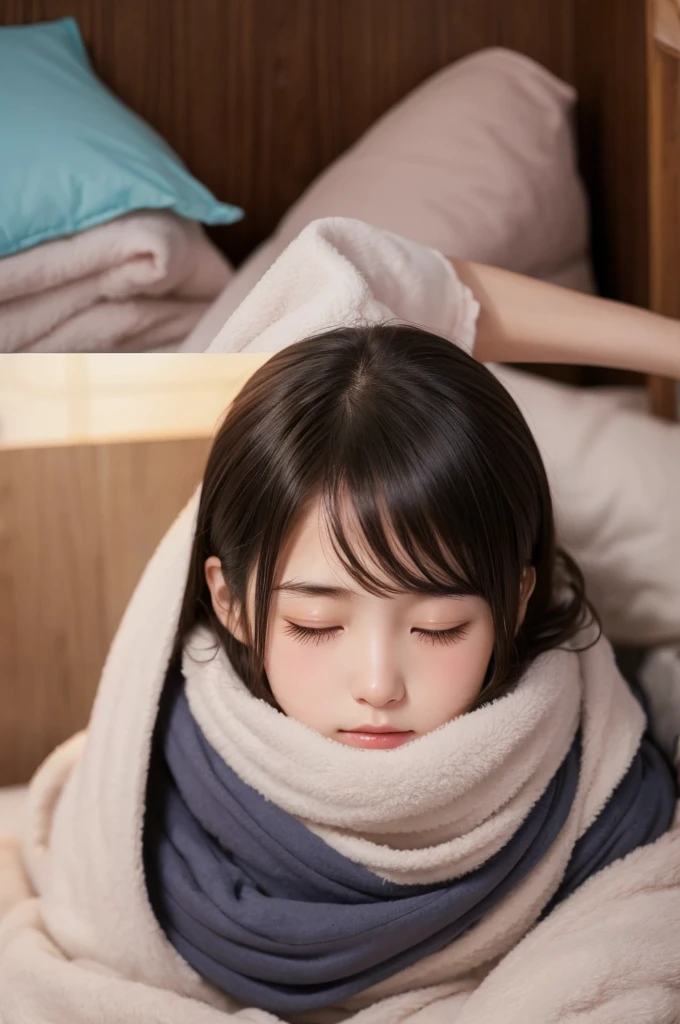 Anime-style illustrations、Girl trying to sleep in bed。With a calm expression on his face、Eyes half closed、Wrapped in a soft blanket。The room is dimly lit、Cozy and quiet atmosphere。Aspect ratio is 16:9 please。