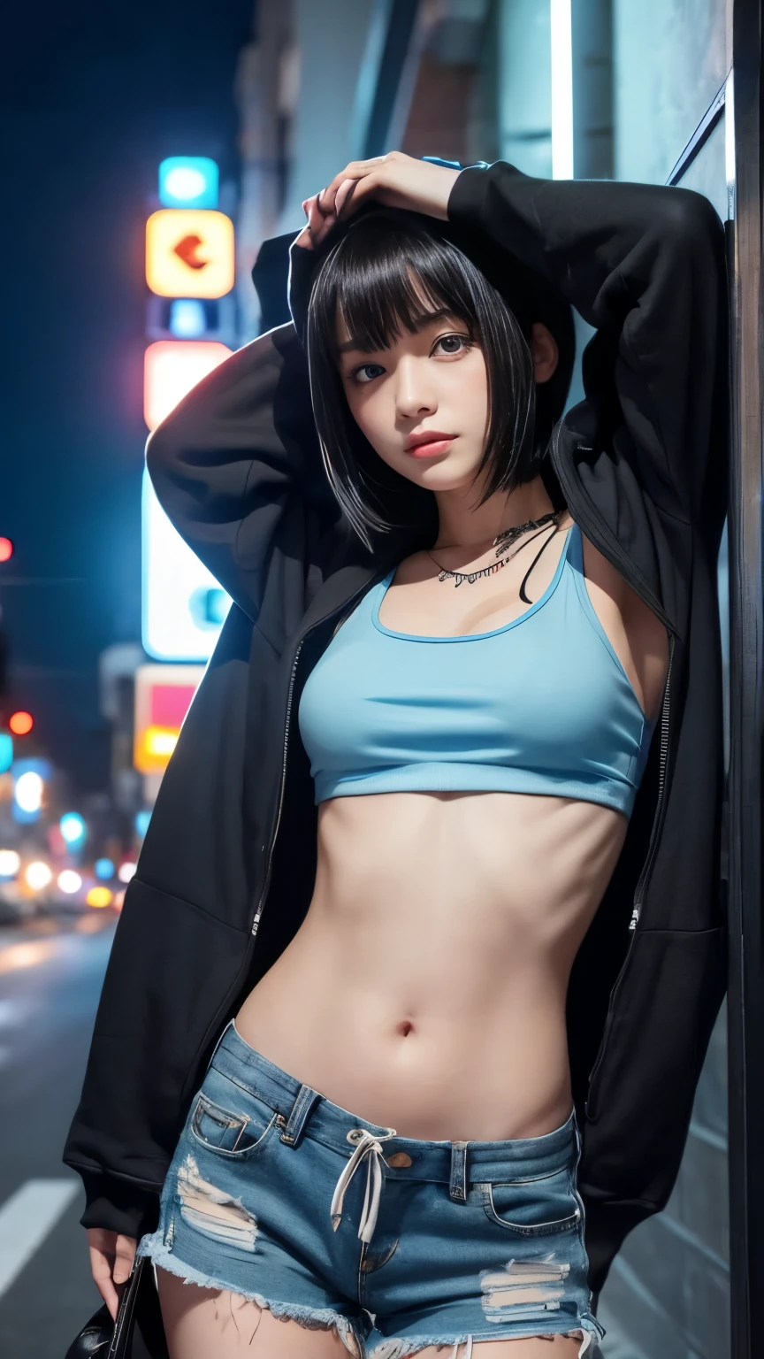 Highest quality、8k,(((Beautiful girl small breasts))),Wearing a black jacket、Cyberpunk Red Green Background、(((Upper body naked))),smile,(((Small body))),(((Cute  sister))),、、Round face,Big eyes, Round eyes、No makeup、Sweaty、A face like a junior