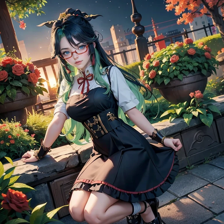 Xianyun_(genshin impact), 1girl, red roses, multicolored hair, black hair, green hair, long hair, glasses, navy short skirt, navy maid dress, skirt with layers, frills, red laces, maid apron, maid headdress, maid style, garter, garden scene, down on her knees, knees on the grass, navy maid dress, maid dress, more details on her clothes, golden details on her clothes, night, smiling, solo, alone, jewelry, oriental garden scenery, white apron, white headdress, maid clothes