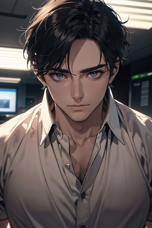 (Best Quality,4k,8k,high resolution,Masterpiece:1.2),ultra detailed,(realist,photorealist,photo-realist:1.37),1 man,31 years,mature man,very handsome,without expresion,muscled body,short gray black hair,Blue eyes,glare,perfect face without mistakes,imposing posture,businessman,office background,cinematic lighting,imagen HDR